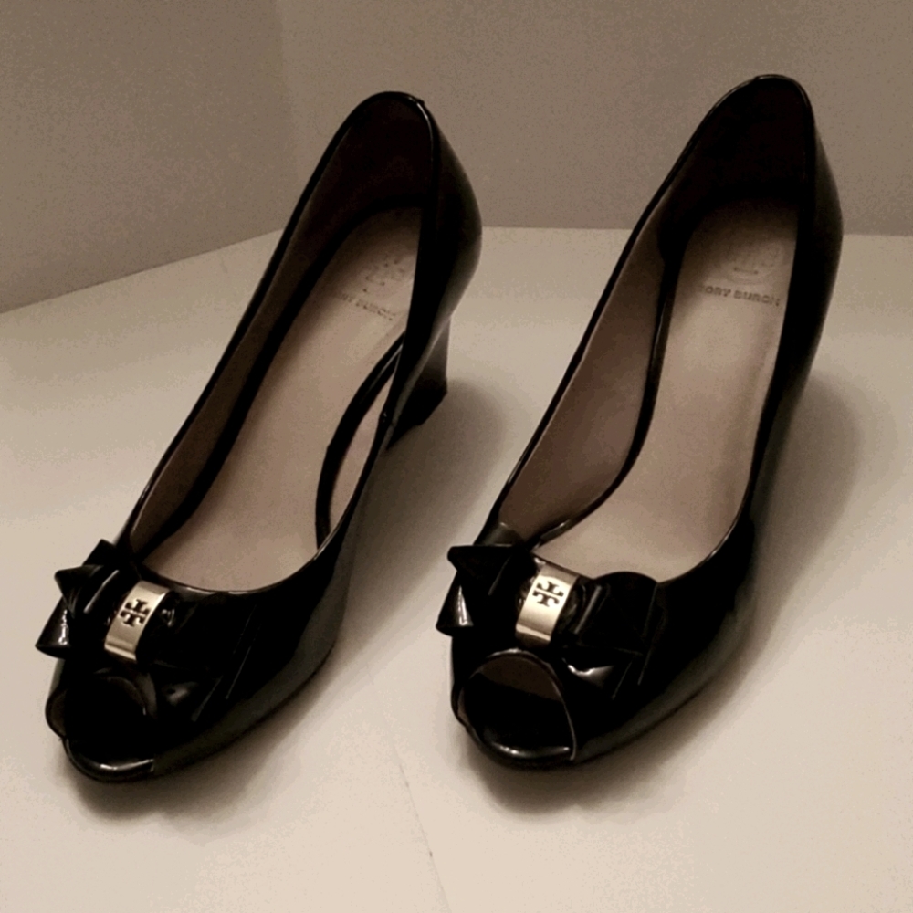 Tory Burch stacked bow peep toe wedge pump